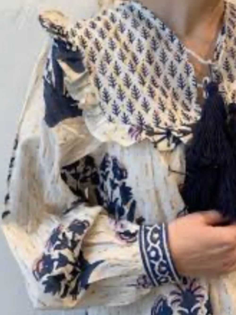 Embroidered Cream Peasant Blouse with Navy Floral Print - Picture 4 of 8